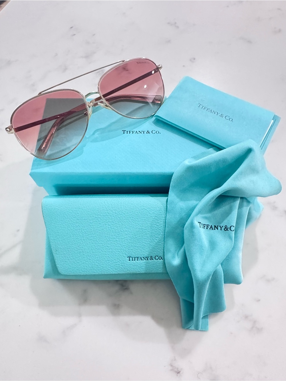 Tiffany & Co. Rose-Tinted Aviator Sunglasses with Silver Frame
